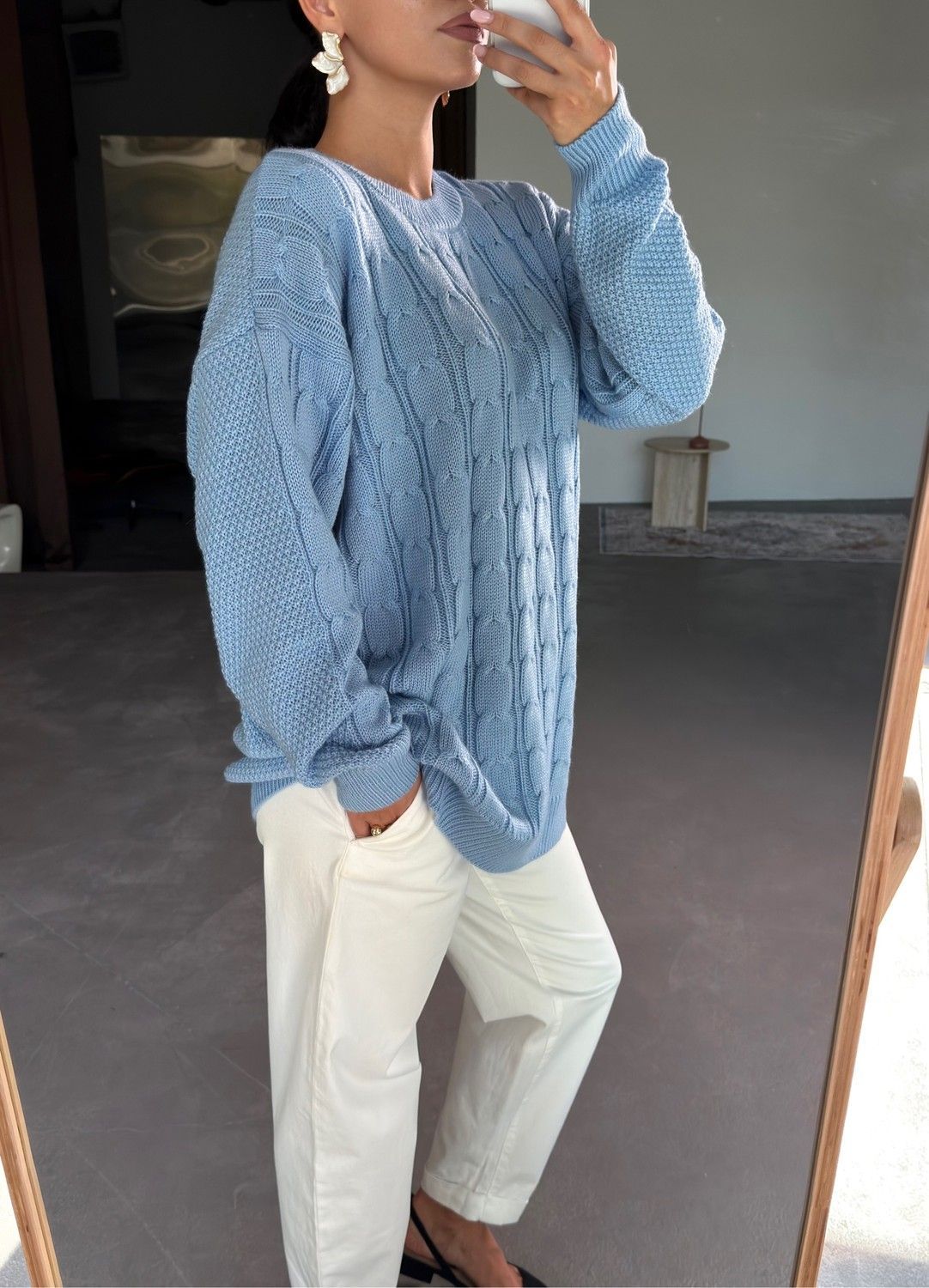 Pulover alungit cu torsade — bleu